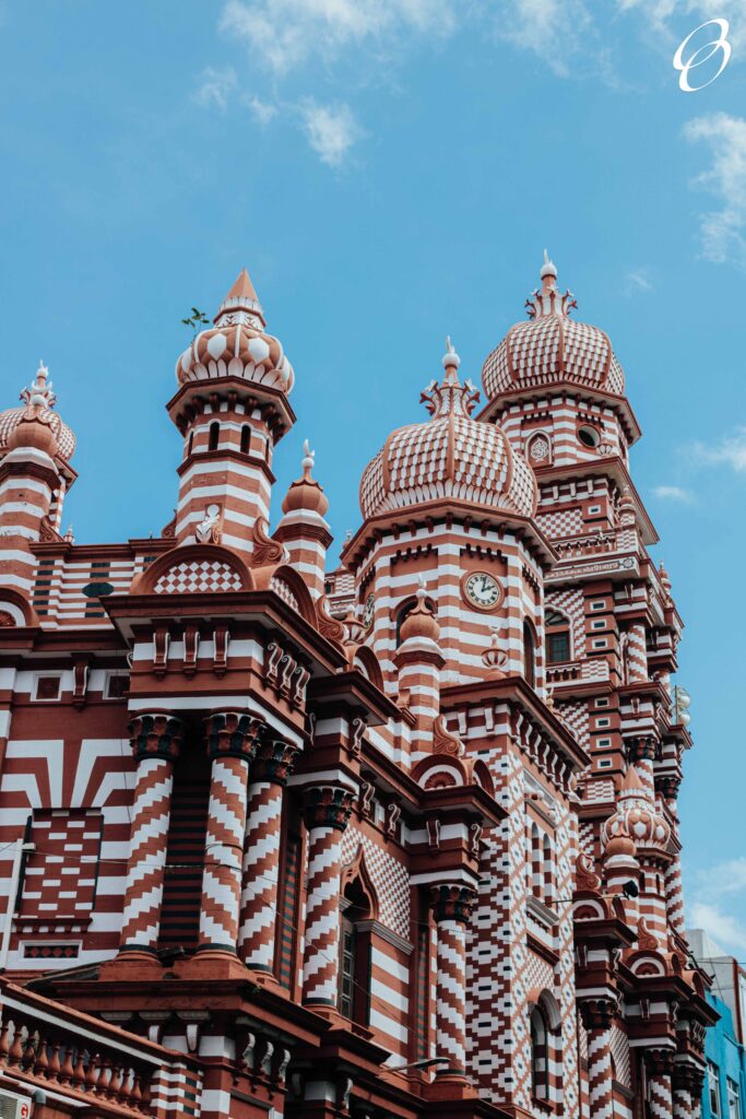 A view on Jami-Ul-Alfar Mosque in Colombo, Sri Lanka on a blue sky backgound