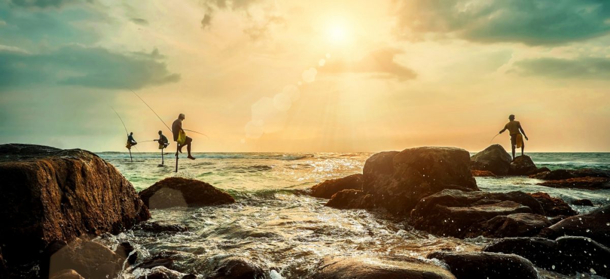 Traditional,Sri,Lankian,Sea,Fishermans,At,Work,Under,Sunset,Sunlight.