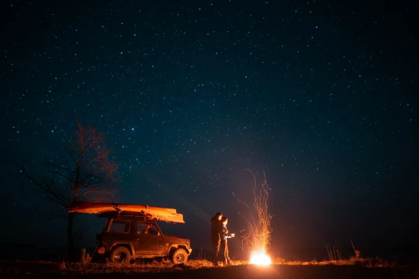 happy-couple-man-woman-standing-front-burning-bonfire